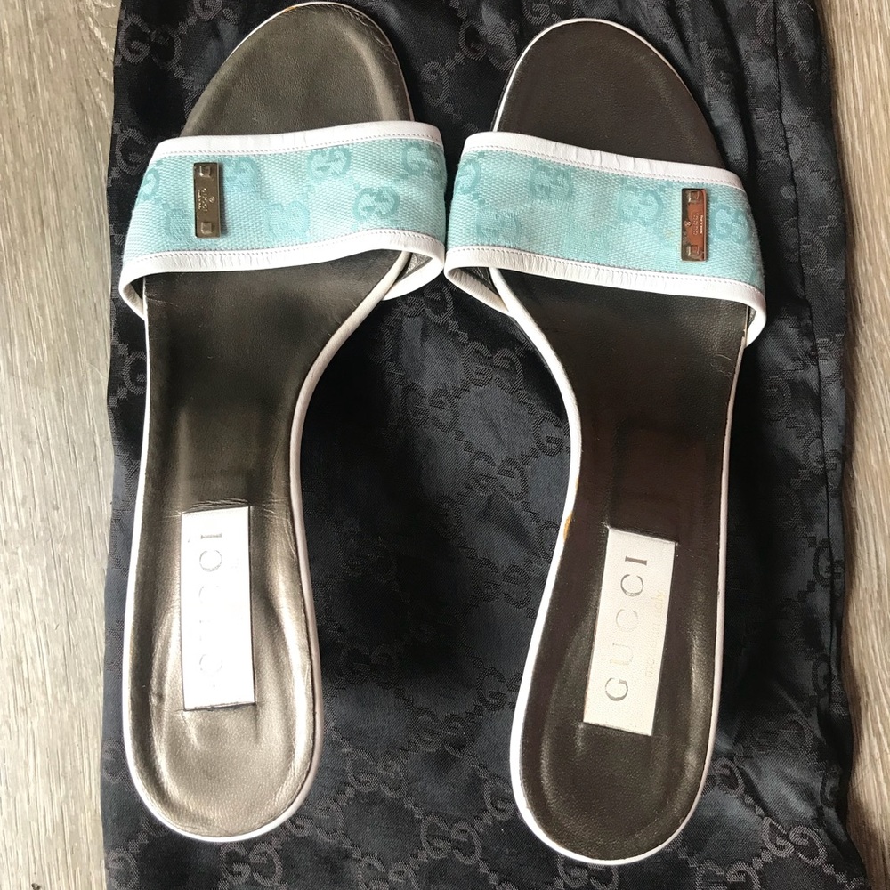 Gucci pale blue slides with small heel. Sz 9 women